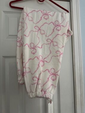 LoveShackFancy Lellia Pink and White Track Joggers